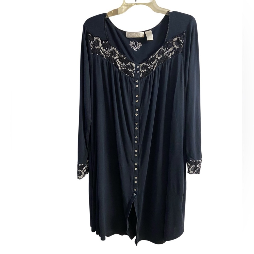 Eileen West Jersey knit button up lace trim nightgown navy blue Large